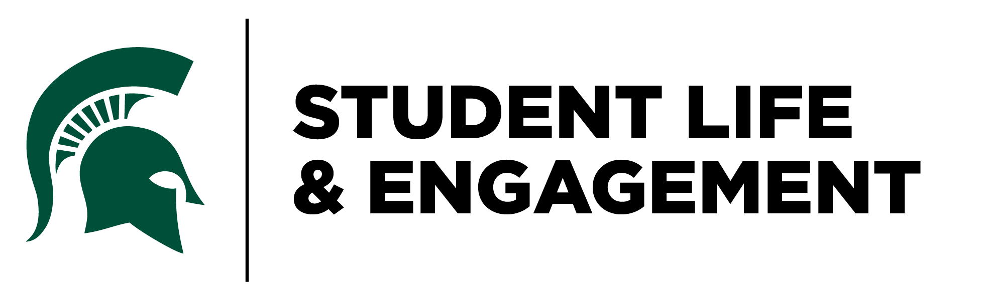 Green Spartan helmet with the text "Student Life and Engagment" on a white background