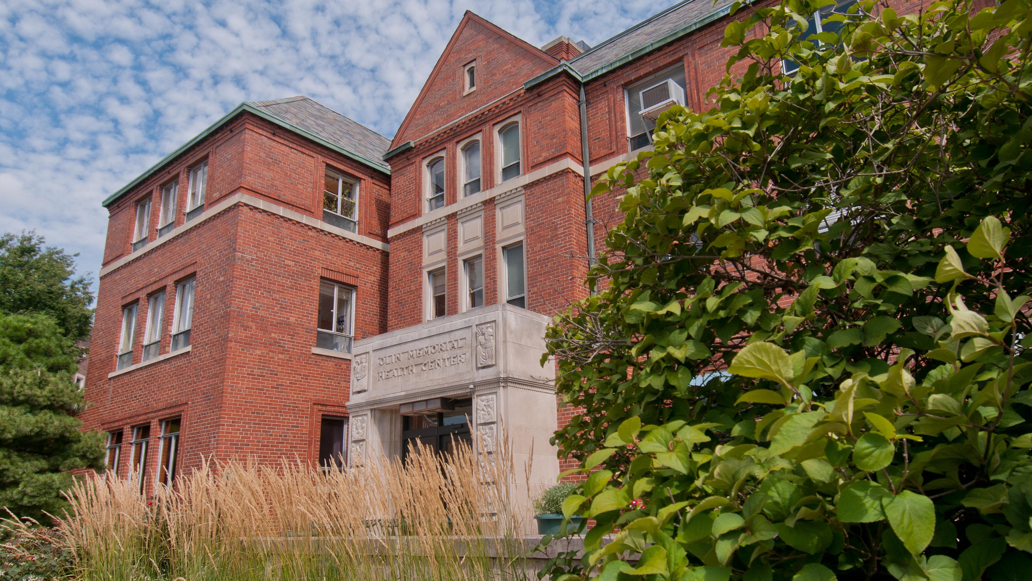 A red‑brick academic building with large windows and a prominent stone entrance is surrounded by tall ornamental grasses, green shrubs, and blooming flowers. The building features classic architectural details and a peaked roof. Above, the sky is filled with scattered white clouds against a bright blue backdrop.